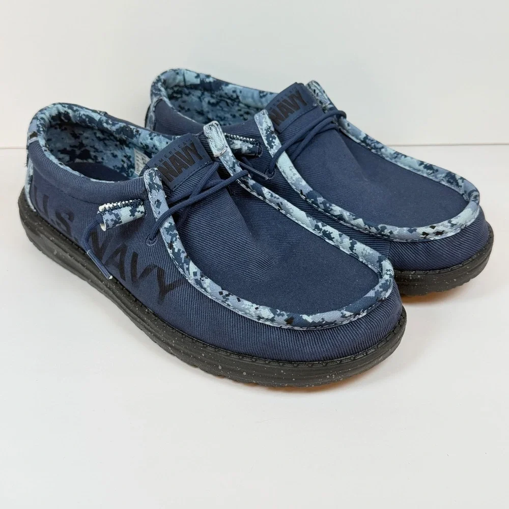 Hey Dude Mens Wally US Navy Size 10 Digital Camo Canvas Loafers Blue 43082-498